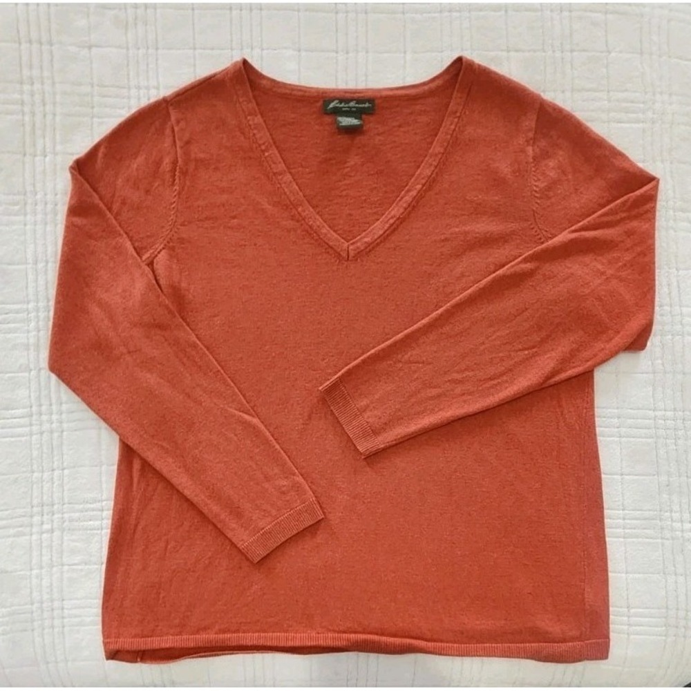 Vintage Eddie Bauer Lambswool Blend Sweater‎ V-Neck Mens XXL Orange Long Sleeve